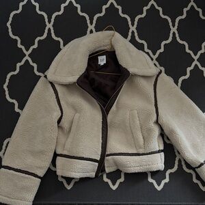 GAP Cream Sherpa Puffer Jacket with Brown Trim